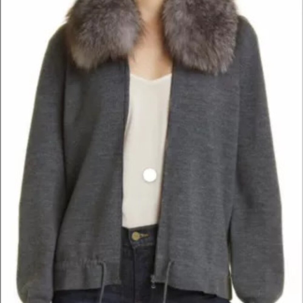 Women's Grey Wool Kobi Halperin Zip Sweater Jacket with Silver Fox Fur Collar XL